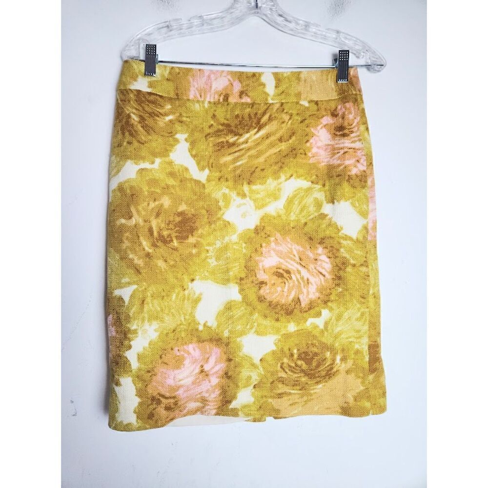 Talbots Women Mustard Yellow White Floral 100% Cotton Pencil Skirt size 4